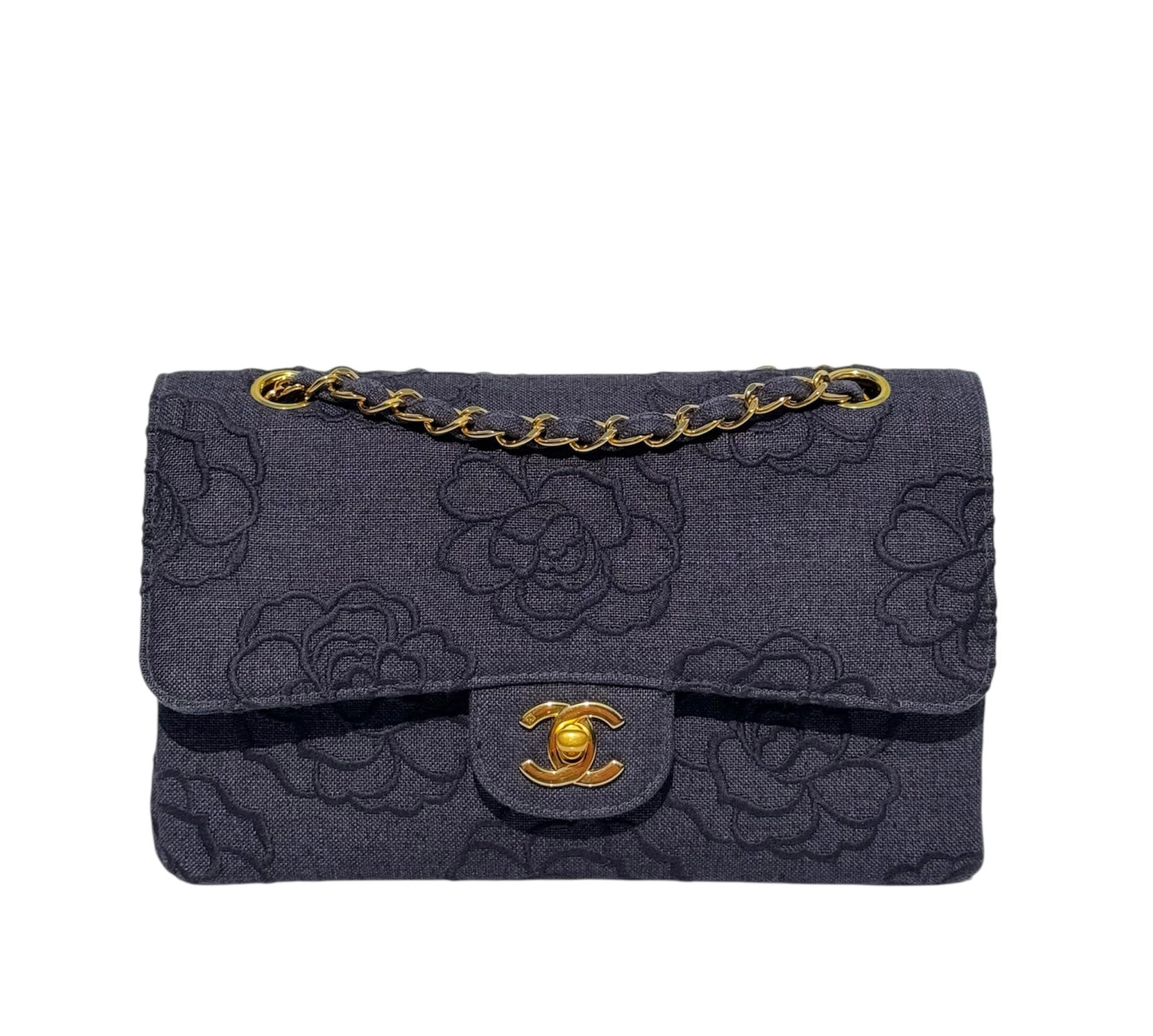 Chanel 1997 Medium 24K Navy Camellia Classic Flap Bag