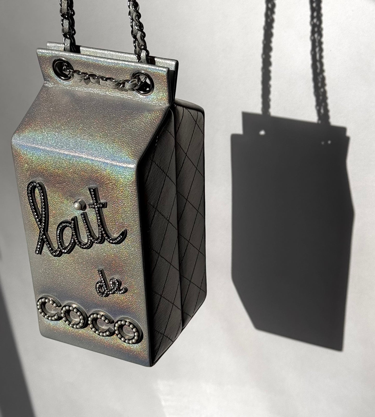 Chanel Runway Iridescent Silver Lambskin Lait De Coco Milk Carton Bag