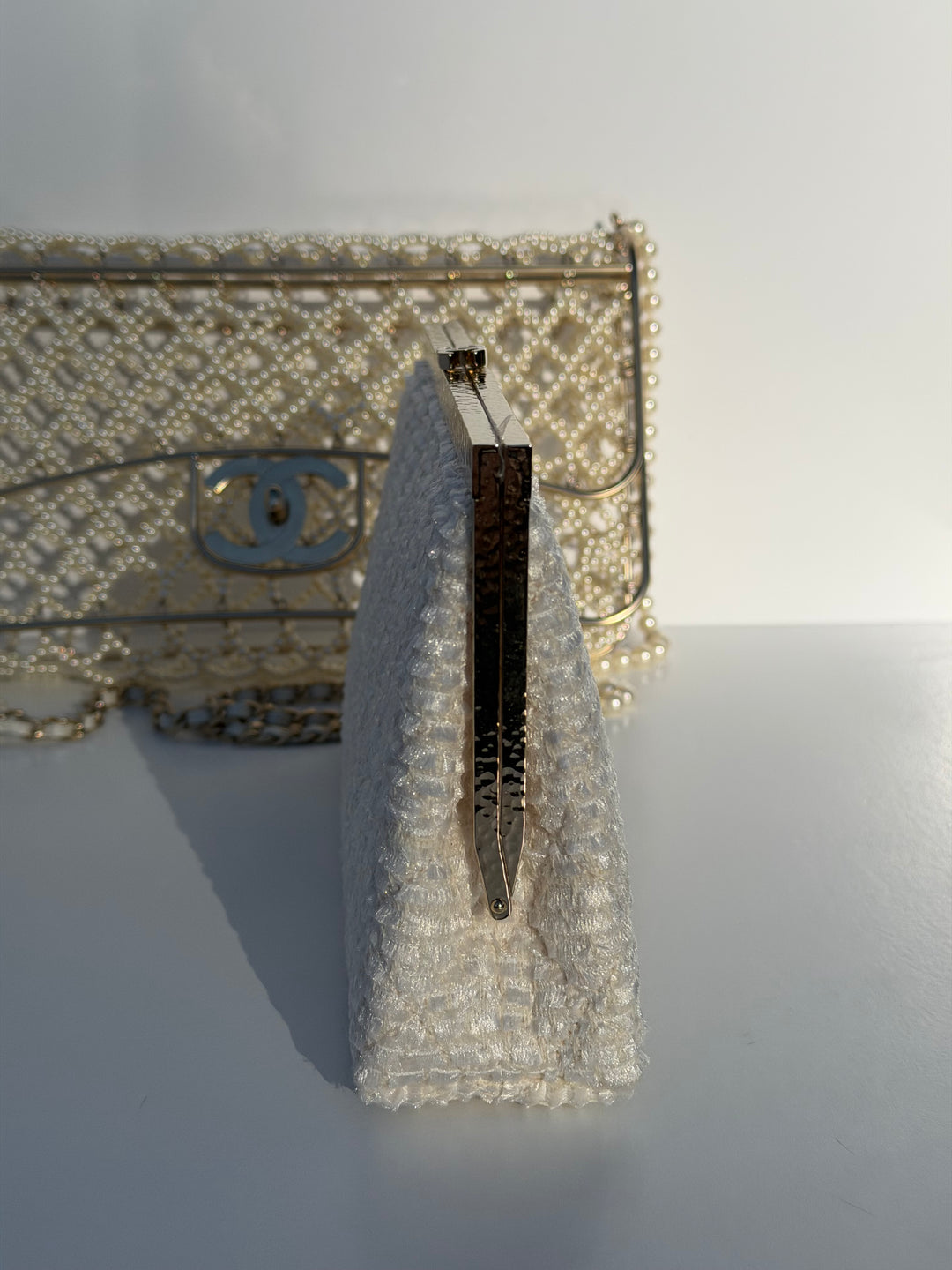 Chanel 2014 Pearl Embellished Caged Flap Minaudière Bag