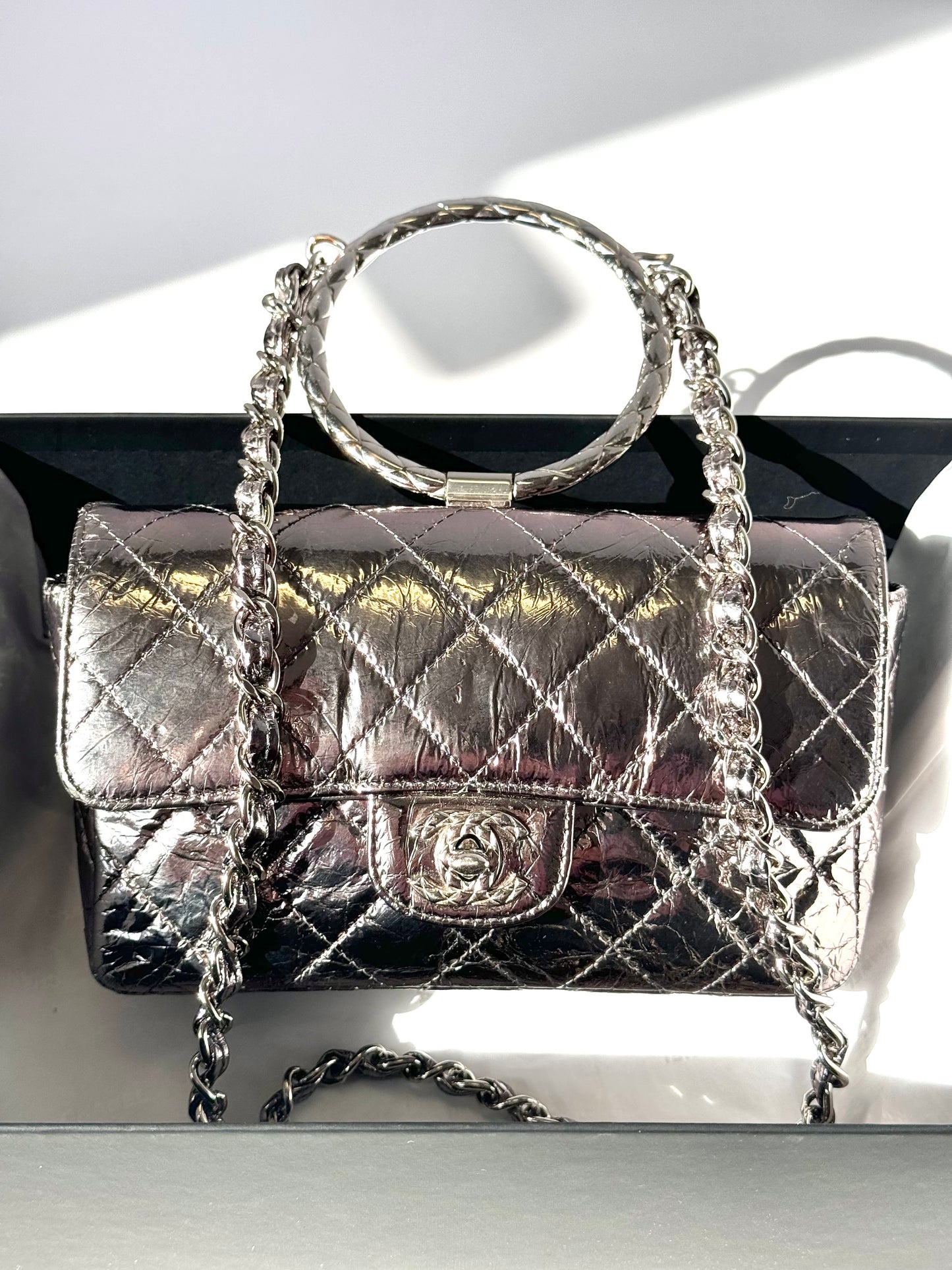 Chanel Metallic Calfskin Mini Ring Handle Flap Bag