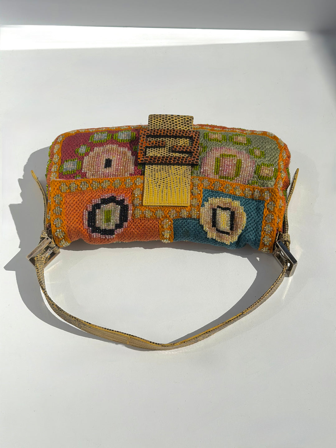 Fendi Multicolor Orange Beaded Baguette Lizard Trim Silver Hardware