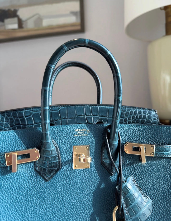 Hermès Birkin 25 Touch Vert Bosphore / Vert Rousseau Togo Leather and Matte Crocodile Gold Hardware 2021