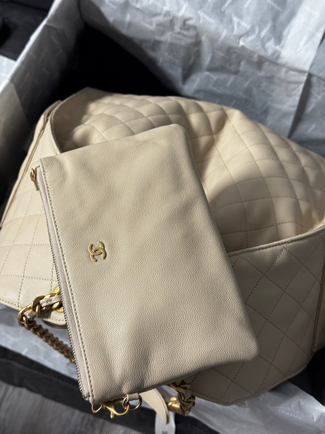 Chanel 25 Light Beige Medium Caviar Hobo Bag