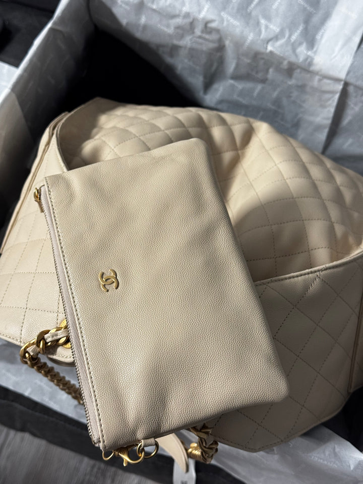 Chanel 25 Light Beige Medium Caviar Hobo Bag
