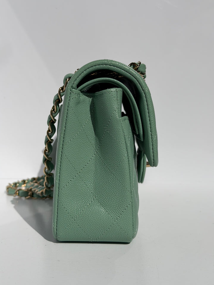 Chanel Small Classic Double Flap Caviar Green Light Gold Hardware 2023