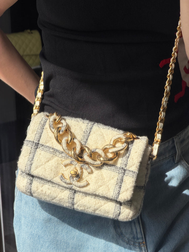Chanel Small Elegant Chain Flap Wool Tweed White Black Gold Hardware 2022
