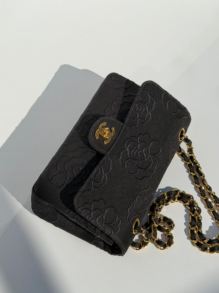 Chanel 1997 Small 24K Black Camellia Classic Flap Bag