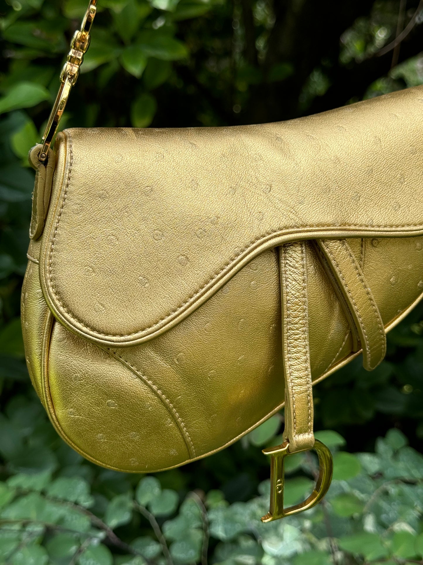 Christian Dior Metallic Gold Ostrich Saddle + Matching Pouch