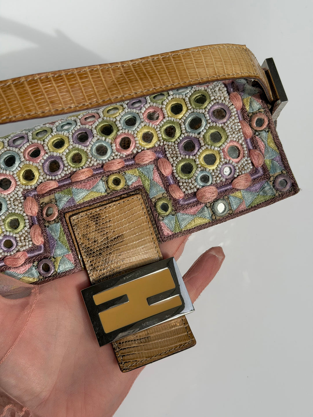 Fendi Baguette Mirror Specchietti Bag Multicolor Silk Embroidery & Beading Lizard Trim 2009
