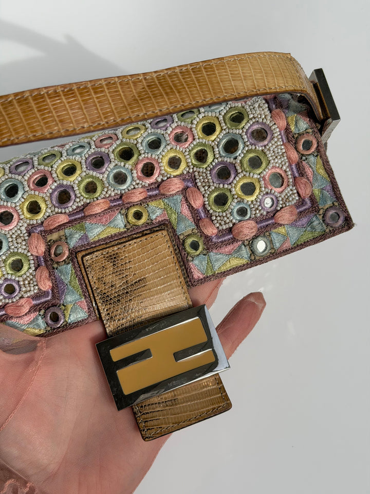 Fendi Baguette Mirror Specchietti Bag Multicolor Silk Embroidery & Beading Lizard Trim 2009