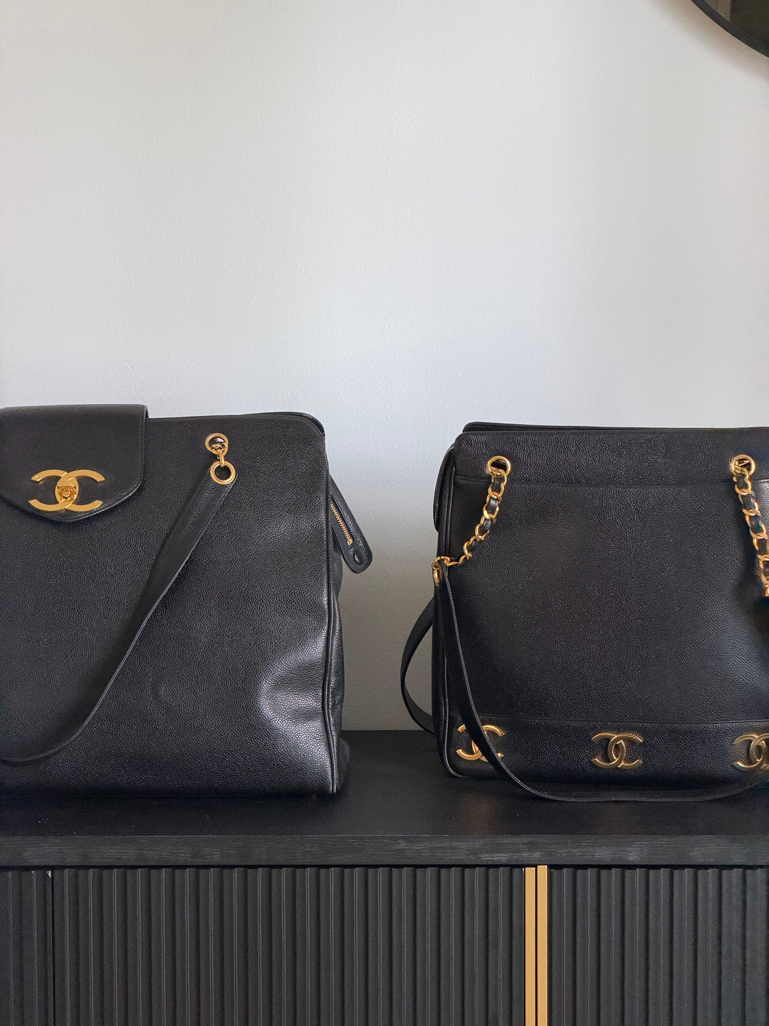 Chanel Black Caviar Triple Coco CC Tote Bag 24K Gold Plated Hardware 1994