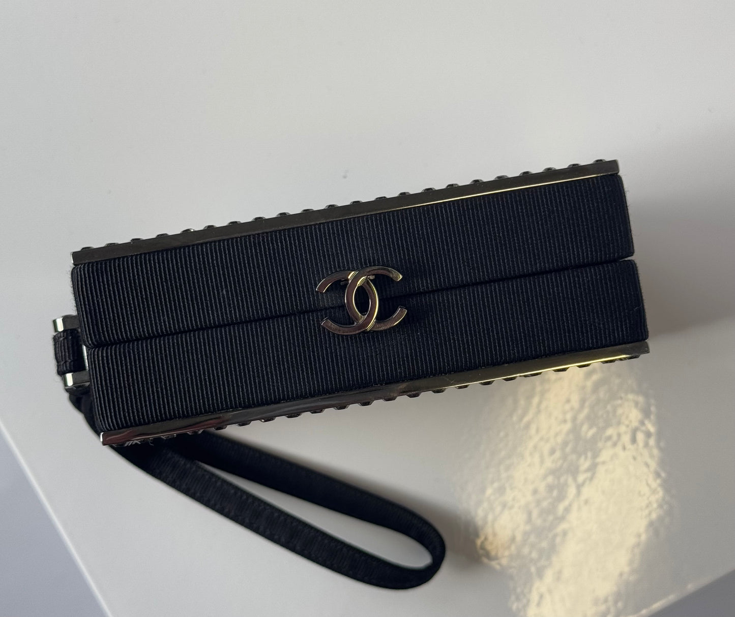 Chanel Minaudière Clutch in Plexi, Black cotton Piqué and Rhinestones