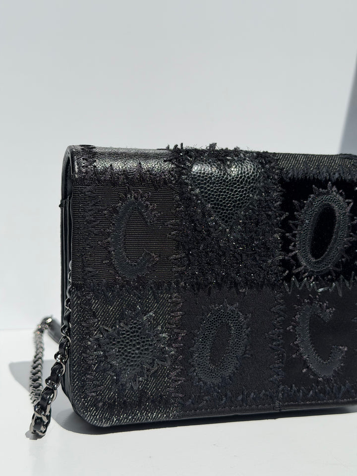 Chanel Black Mixed Media Patchwork Square Wallet on Chain Silver Hardware 2018