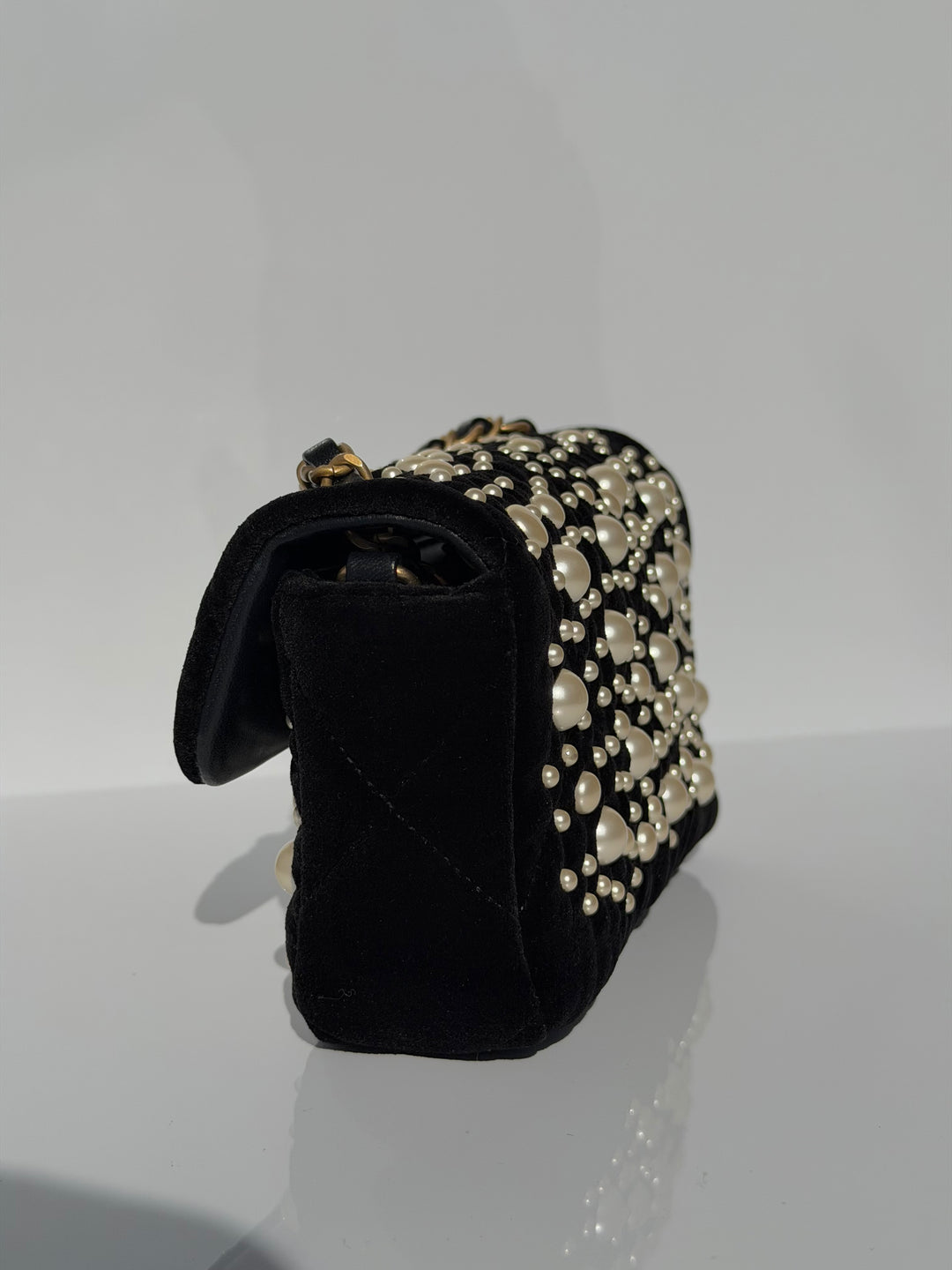 Chanel Black Velvet Mini Pearl Flap Bag