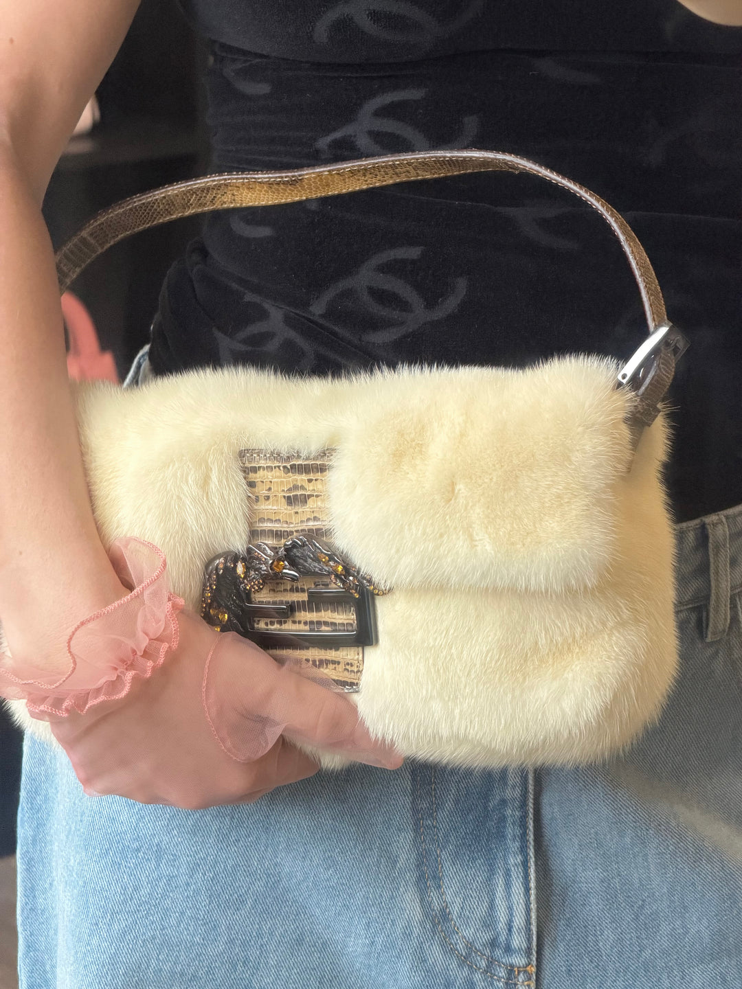 Fendi Crystal Embellished Baguette White Mink Fur Lizard Trim Gold Tone Hardware