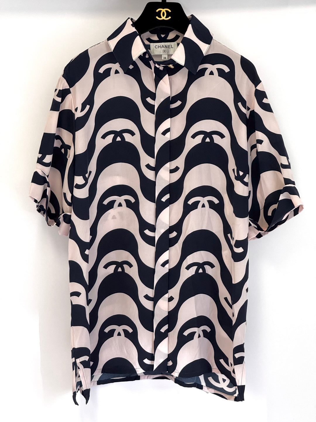 Chanel 2021 Navy/Pink Silk Wave Shirt & Pants Set
