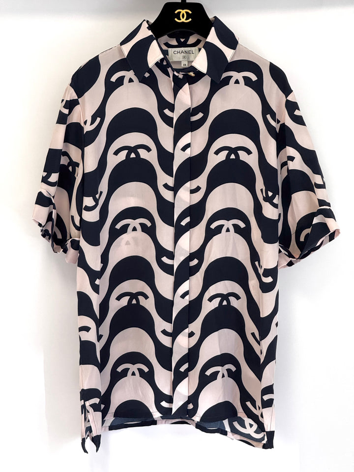 Chanel 2021 Navy/Pink Silk Wave Shirt & Pants Set