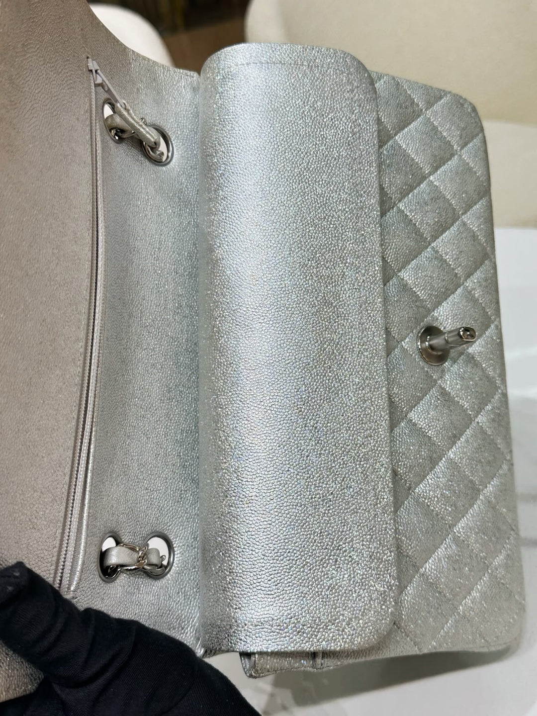 Chanel 21K Medium Flap Bag Silver Metallic Caviar Leather Silver Tone Hardware 2021