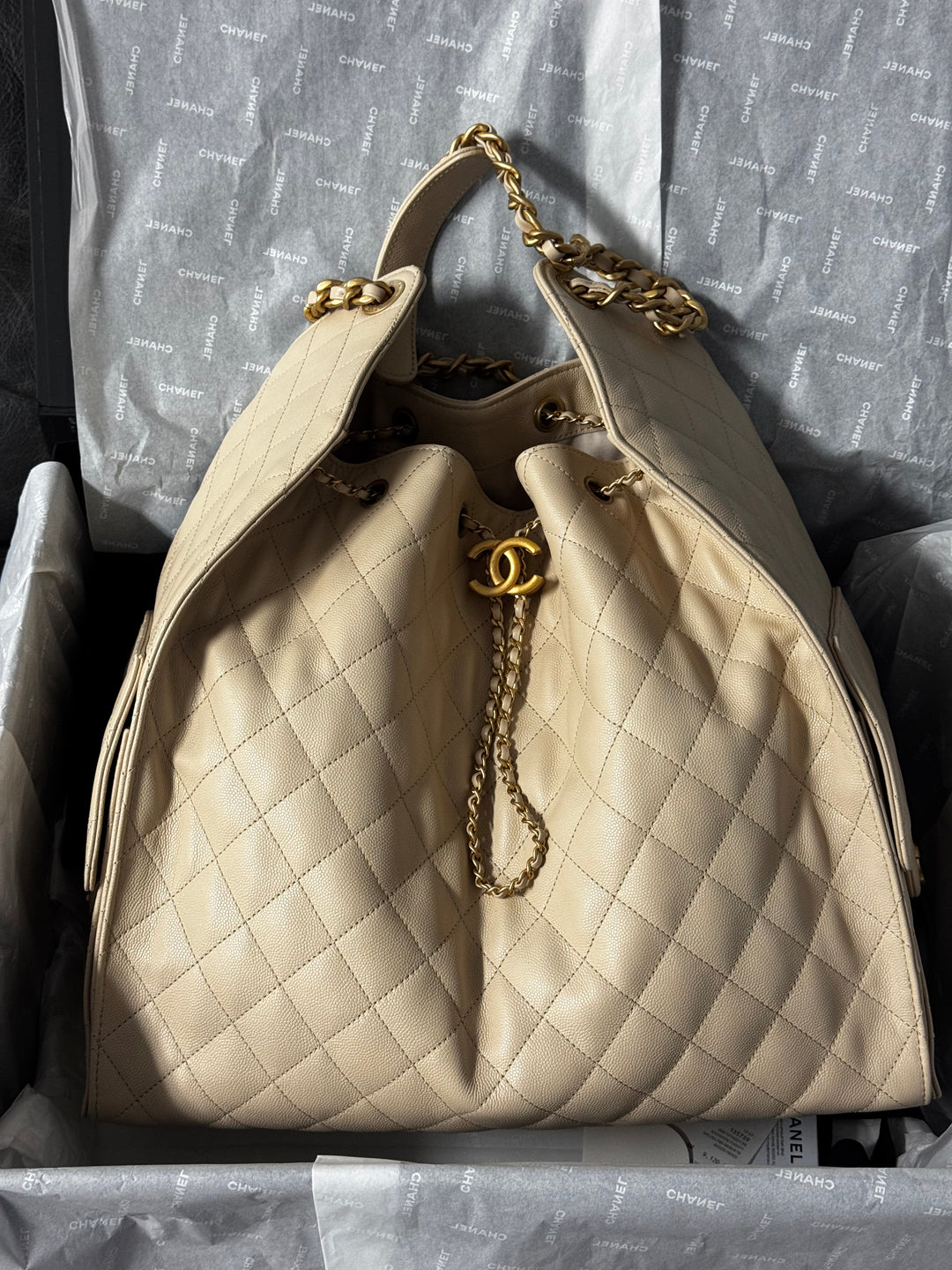 Chanel 25 Light Beige Medium Caviar Hobo Bag