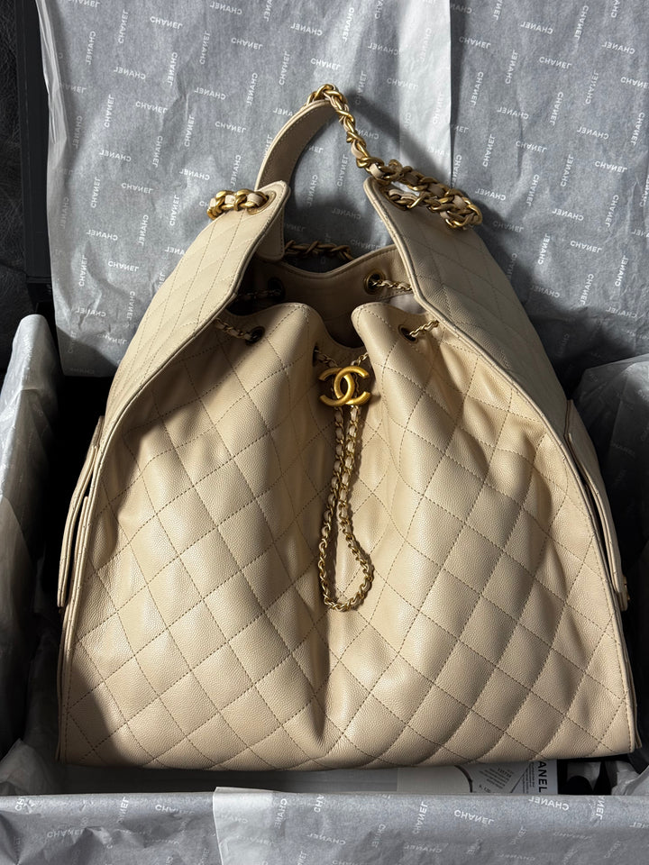 Chanel 25 Light Beige Medium Caviar Hobo Bag