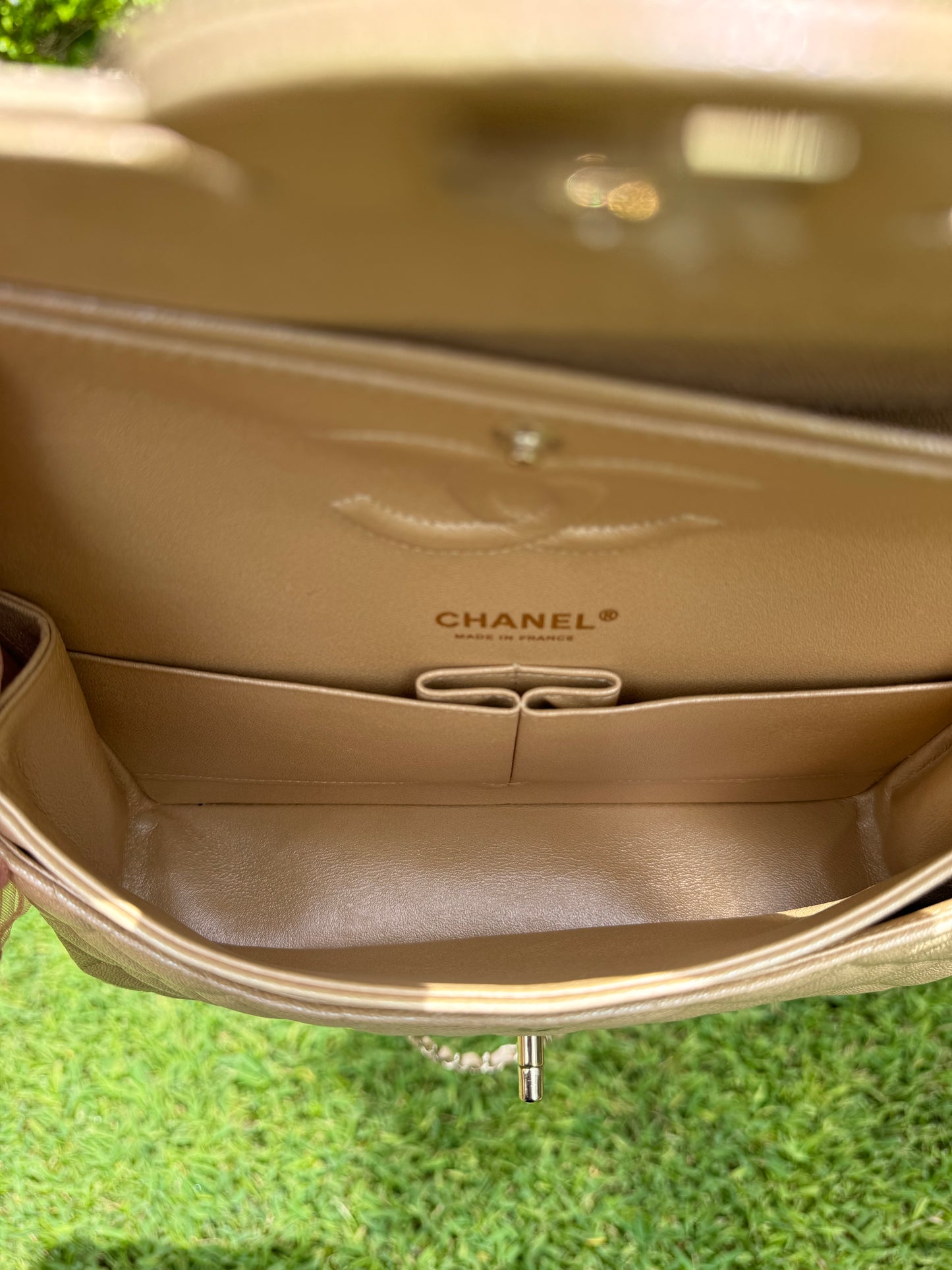 Chanel Beige Iridescent Medium Caviar Classic Flap