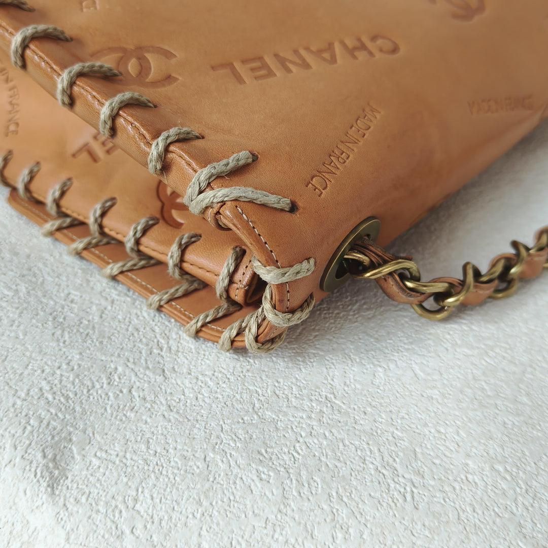 Chanel Maxi Classic Flap Bag Tan Debossed Logo Calfskin Whipstitched Gold Hardware 1994