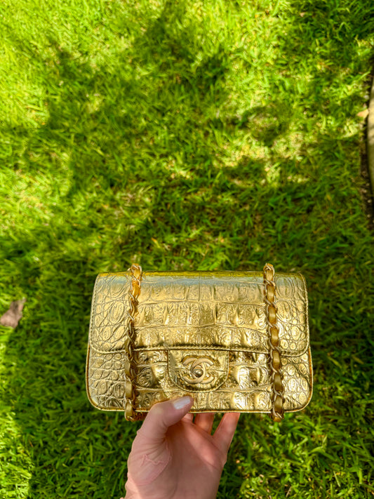 Chanel Gold Croc Embossed Mini Rectangular Flap Bag