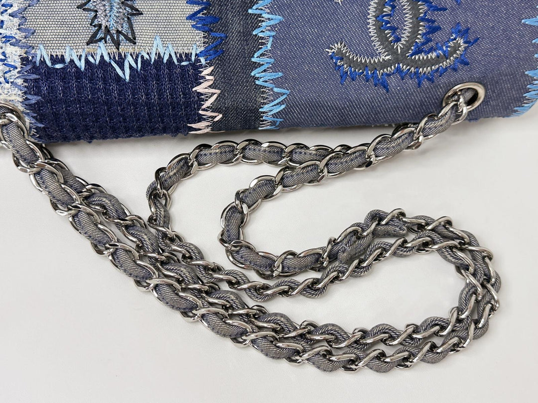 Chanel Jumbo Single Flap Patchwork Denim Blue Tweed Textile Leather Silver Hardware 2015