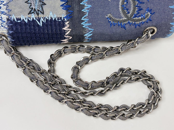 Chanel Jumbo Single Flap Patchwork Denim Blue Tweed Textile Leather Silver Hardware 2015