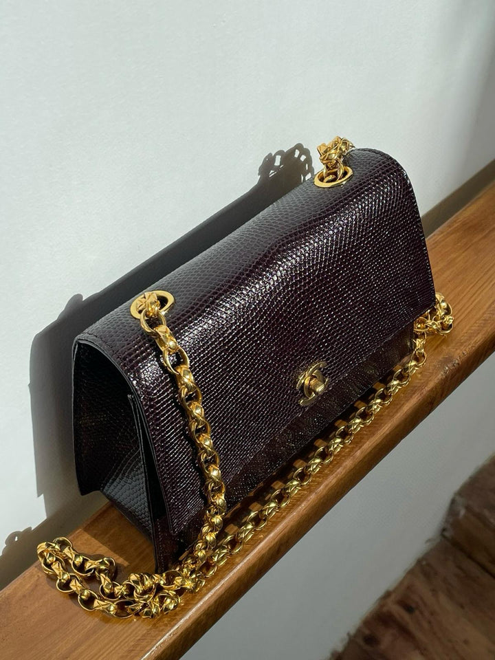 Chanel Small Trapezoid Flap Bag Burgundy Lizard Leather Gold Hardware With Bijoux Chain 1989