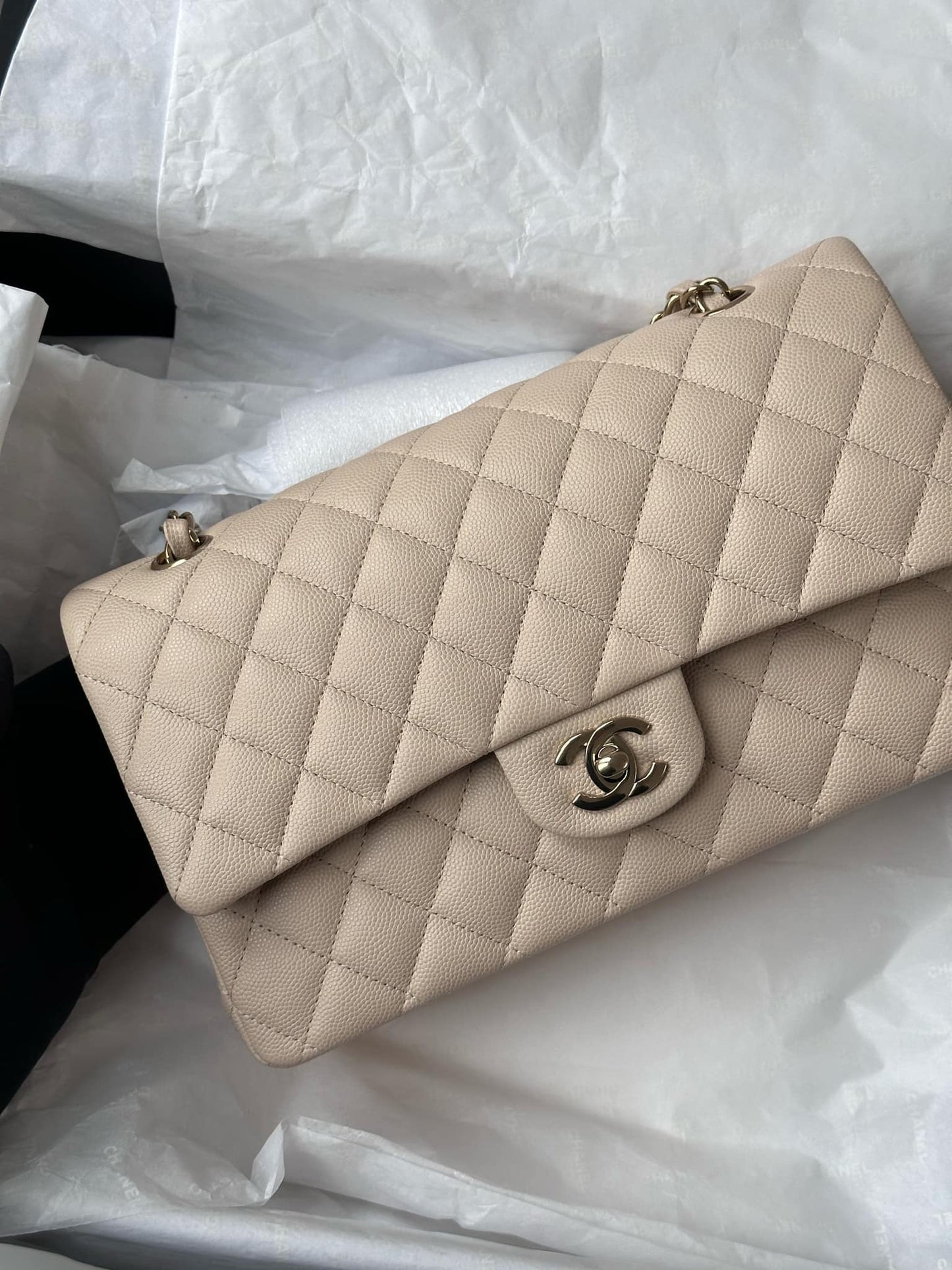 Chanel 23P Ecru Medium Caviar Double Flap Bag