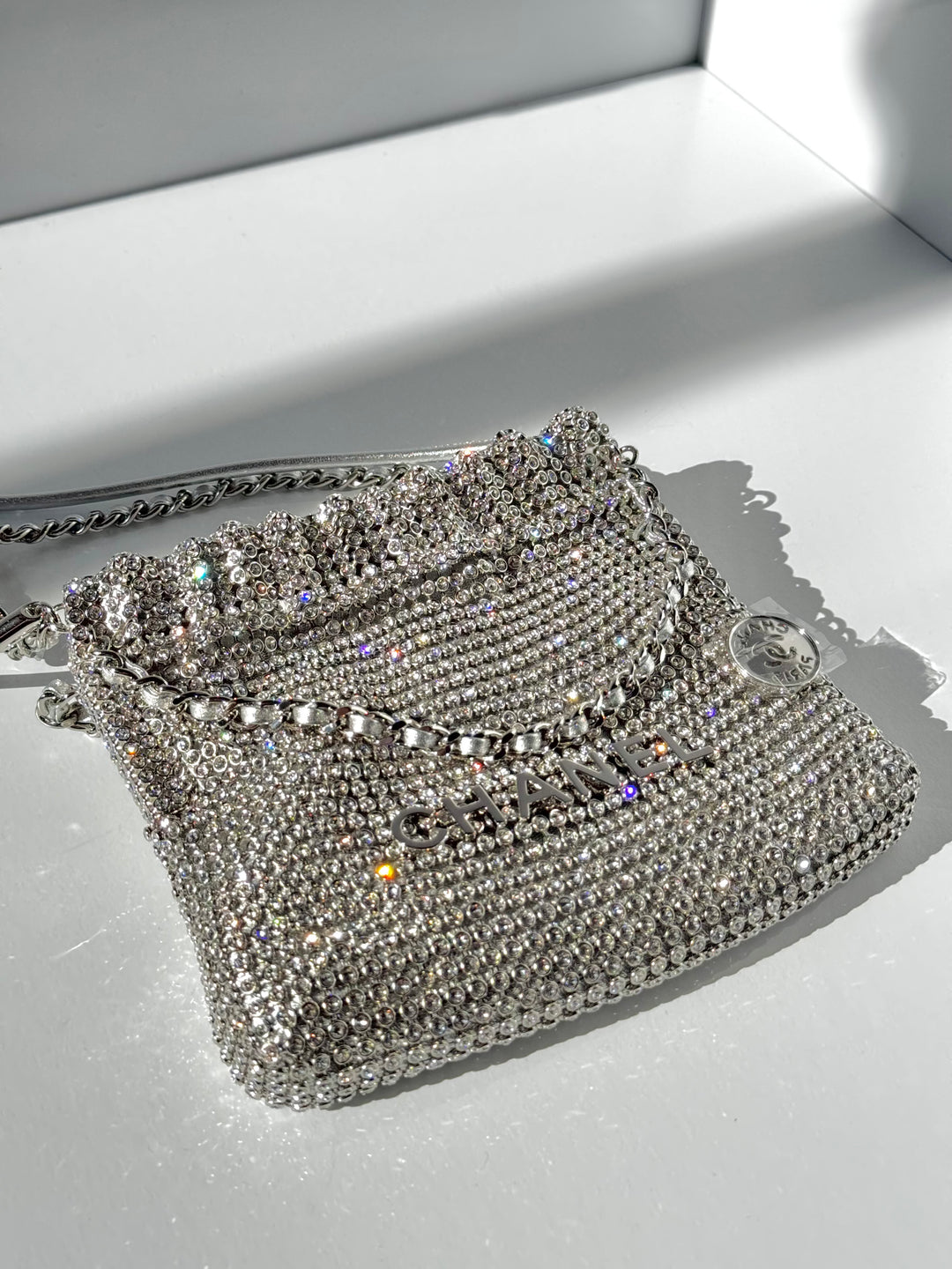 Chanel Mini Chanel 22 Crystal Embellished Metallic Lambskin Silver Silver Hardware