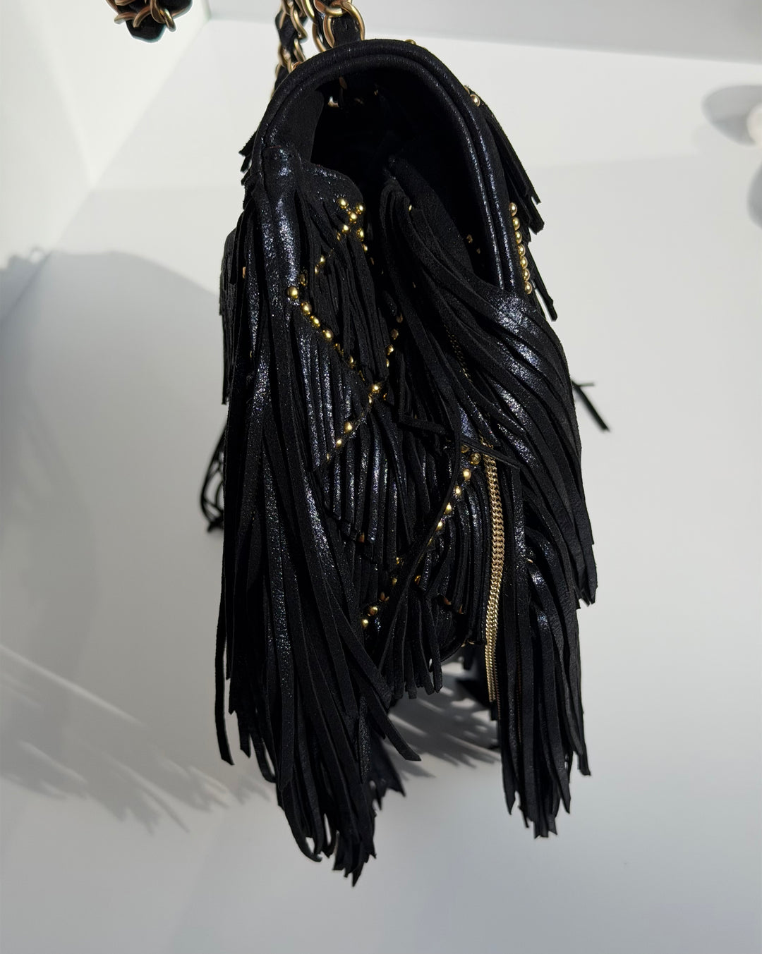 Chanel Paris-Dallas Medium Fringe Flap Bag Black Iridescent Leather Brushed Gold Tone Hardware 2014