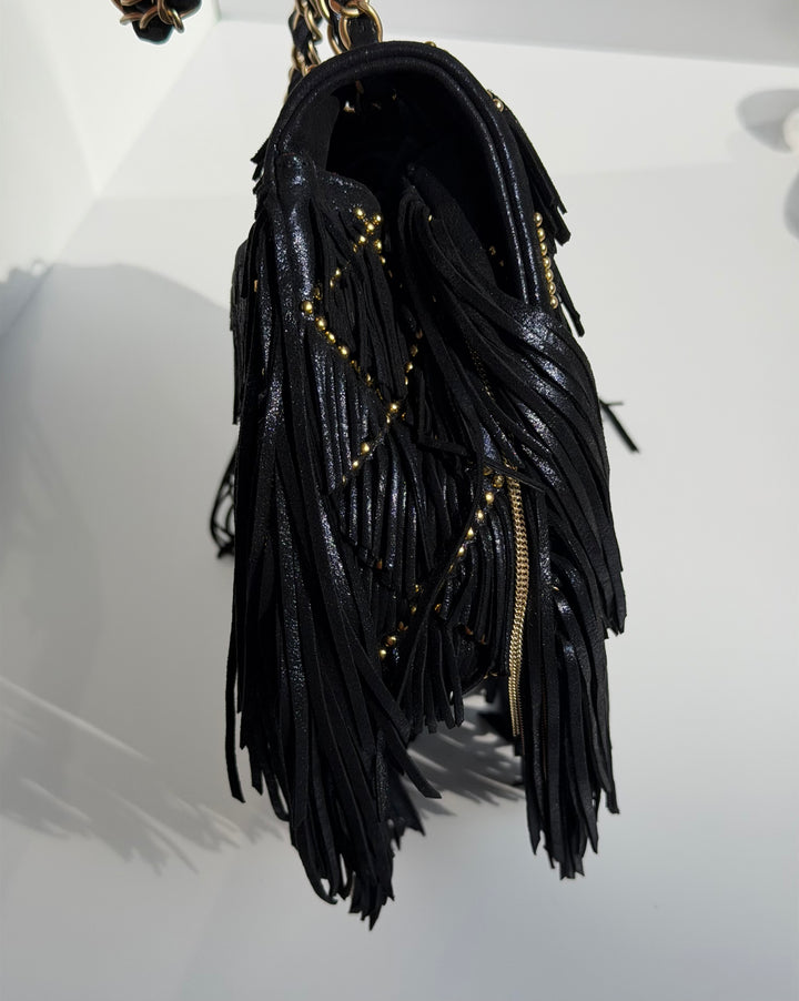 Chanel Paris-Dallas Medium Fringe Flap Bag Black Iridescent Leather Brushed Gold Tone Hardware 2014