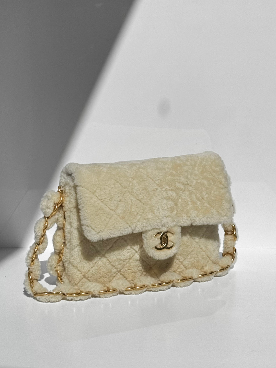 Chanel Ecru Shearling Lambskin Medium CC Chains Flap Bag