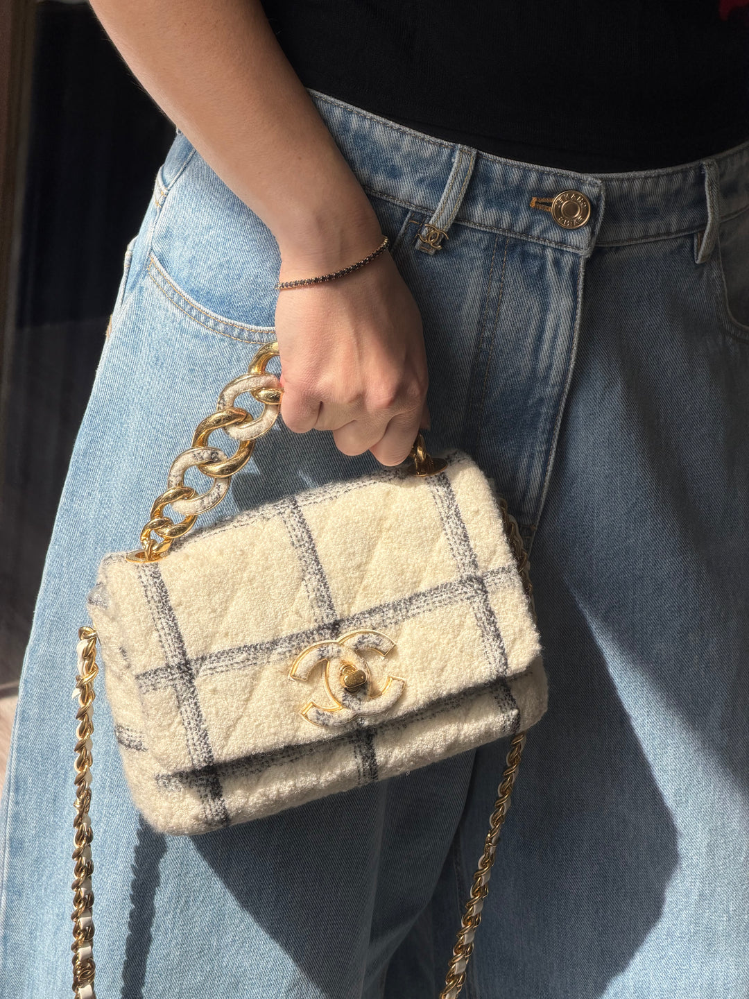 Chanel Small Elegant Chain Flap Wool Tweed White Black Gold Hardware 2022