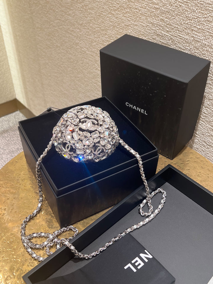 Chanel Sphere Minaudière Clutch Silver Metal & Strass Crystals Silver-Tone Hardware 2025
