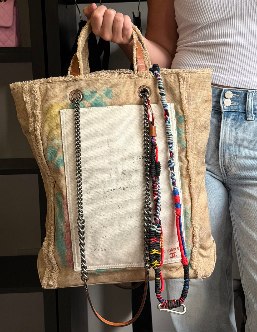 Chanel Runway Art School Graffiti Canvas Tote Beige Multicolor Ruthenium Hardware 2014