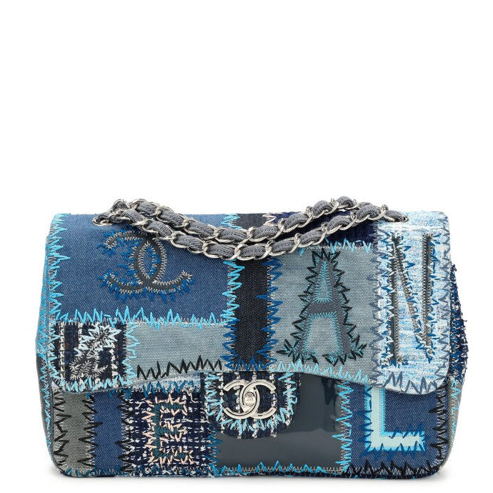 Chanel Jumbo Single Flap Patchwork Denim Blue Tweed Textile Leather Silver Hardware 2015