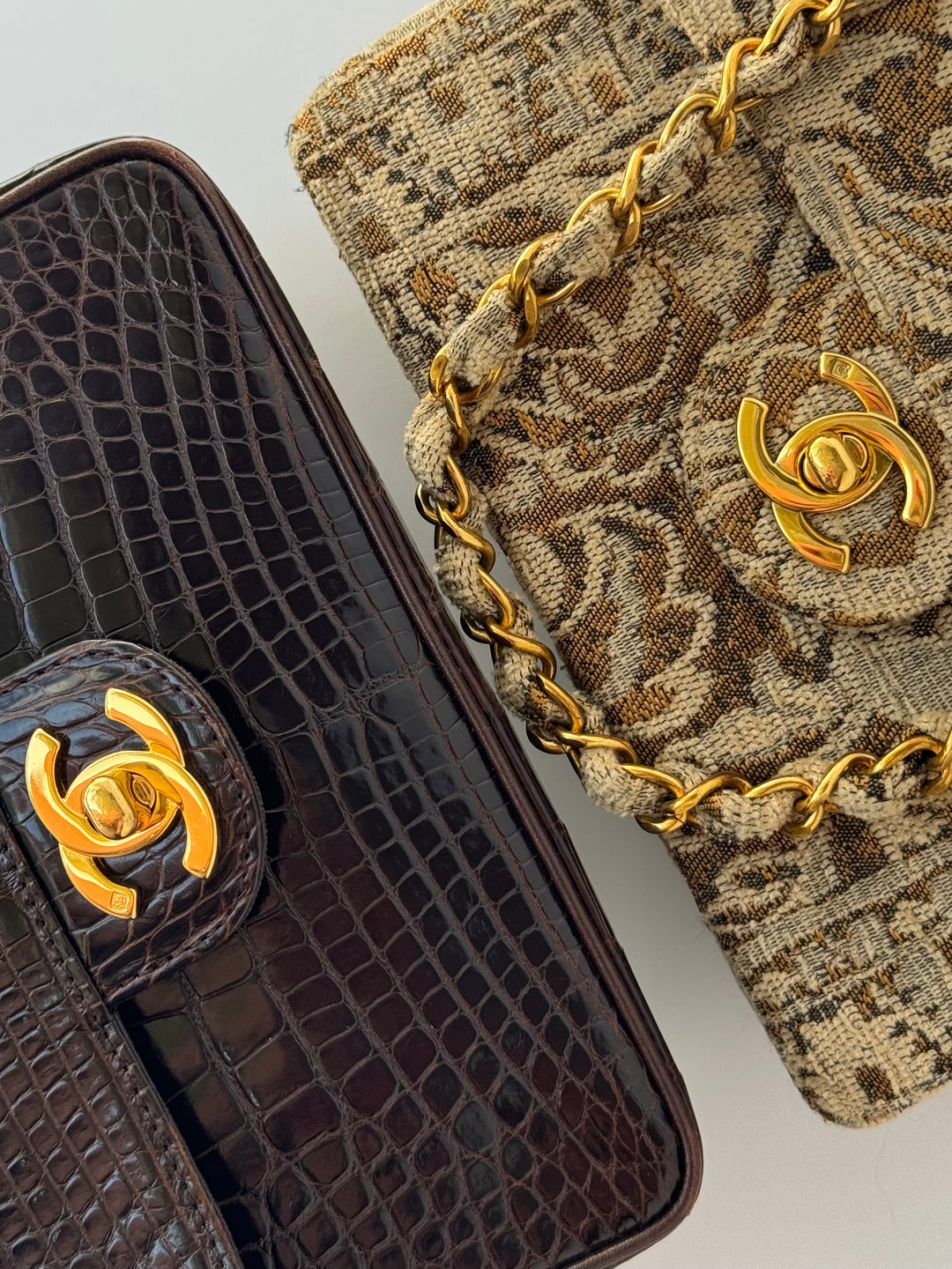 Chanel 1991 Bronze Metallic Brocade Vintage Mini Square Flap Bag