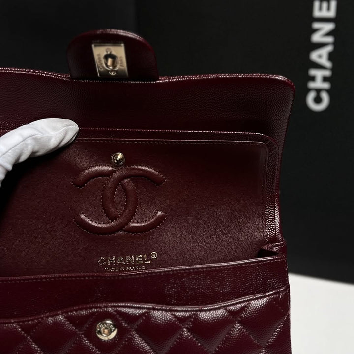 Chanel Small Classic Double Flap Caviar Burgundy Light Gold Hardware 2021