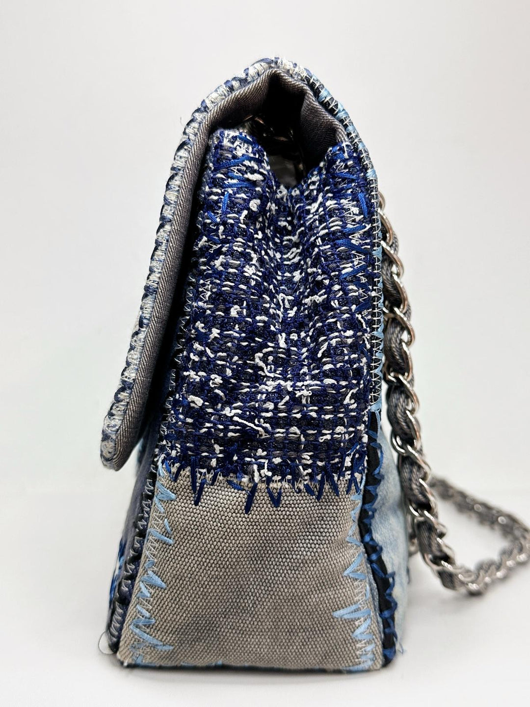 Chanel Jumbo Single Flap Patchwork Denim Blue Tweed Textile Leather Silver Hardware 2015