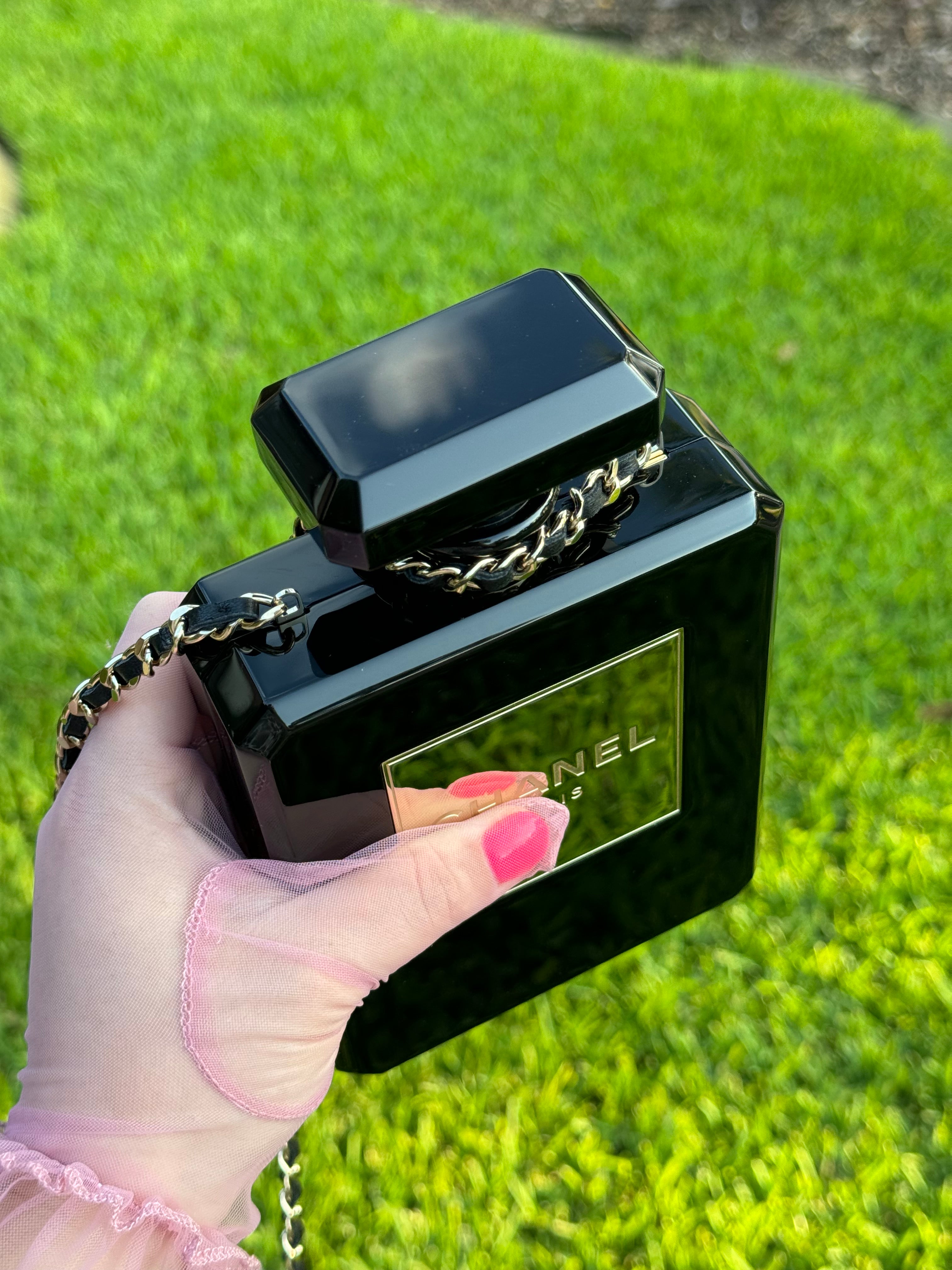 Chanel Perfume Bottle Minaudière Black Acrylic Plexiglass Gold Chanel Perfume Bottle Minaudière Black Acrylic Plexiglass Gold