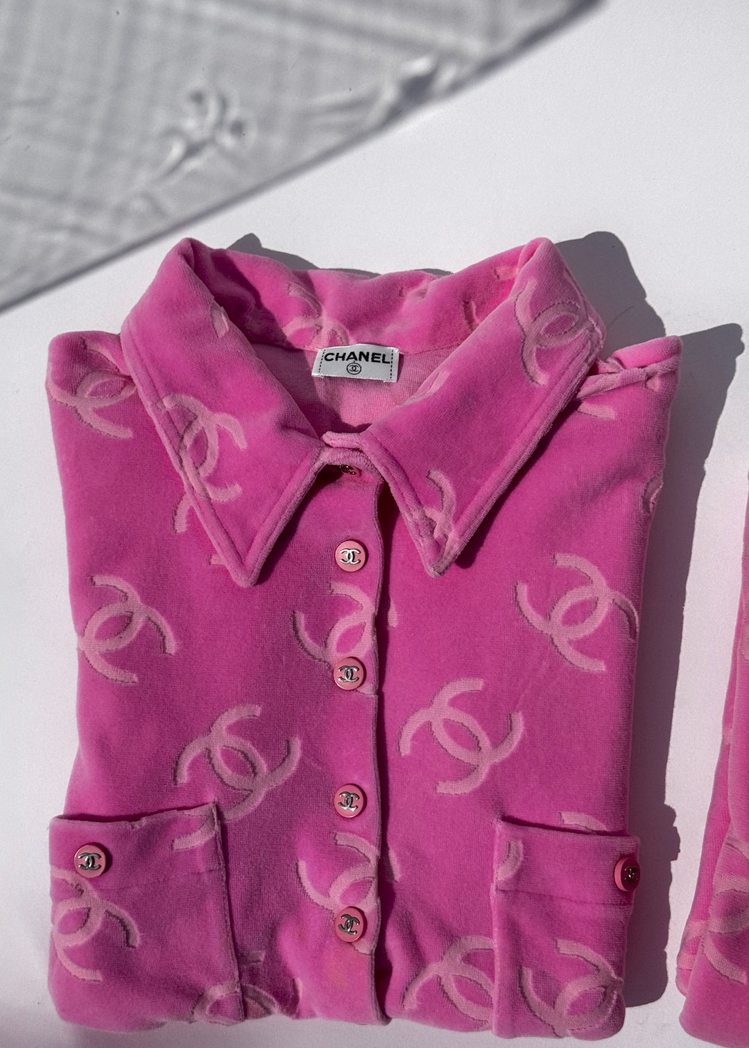 Chanel Spring 1996 Pink Velour CC Button Top X EstherandSasha