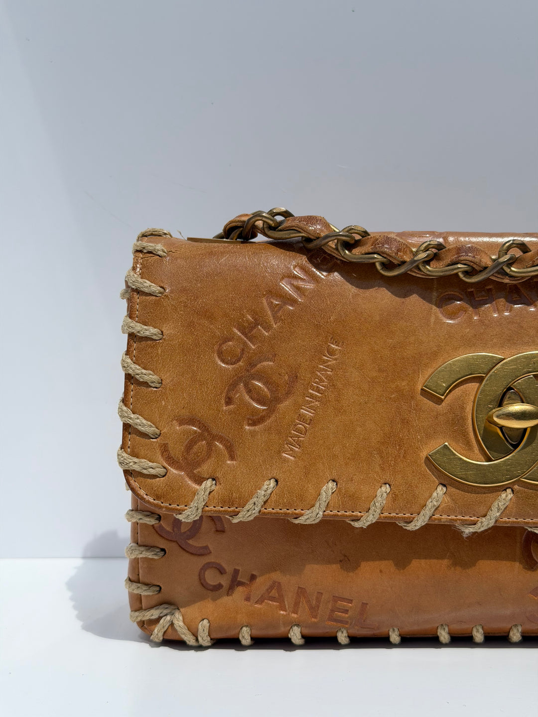 Chanel Half Flap Bag Tan Debossed Logo Calfskin Whipstitched Gold Hardware 1994