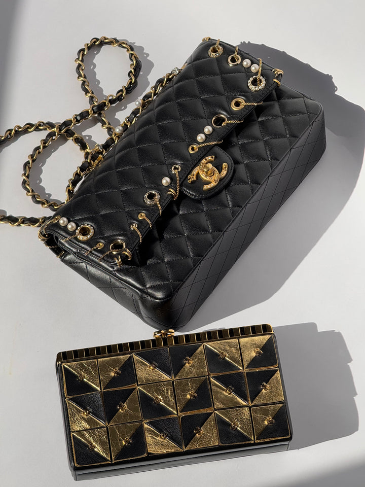Chanel 19A Egypt Gold Lambskin Minaudiere Crossbody Black Gold 2019