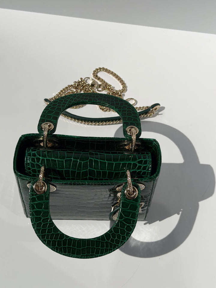 Dior Emerald Crocodile Mini Lady Dior Top Handle Diamond Gold Hardware 2022