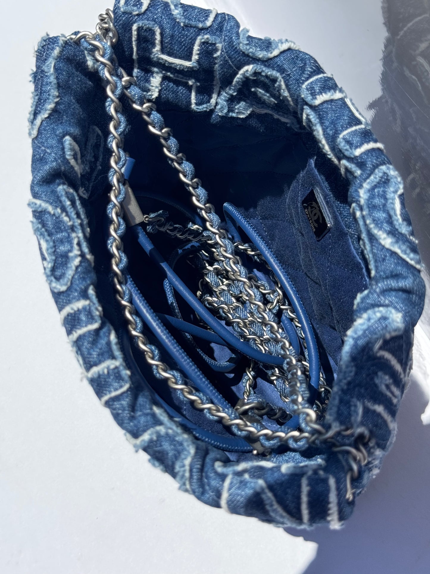 Chanel Blue Washed Denim Mini Logo Embroidered 22