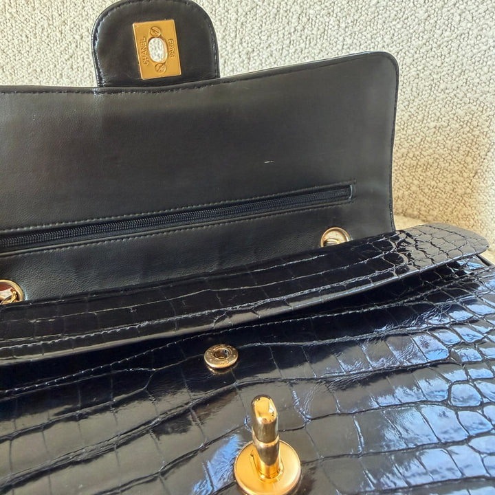 Chanel Medium Classic Flap Bag Alligator Black 24K Plated Gold Hardware 1997