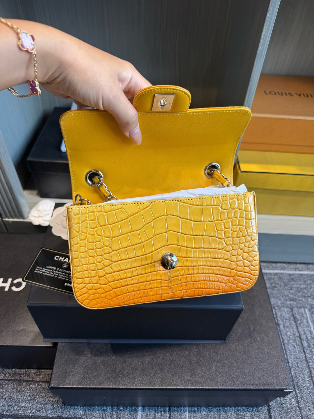 Chanel Mini Flap Orange & Yellow Ombre Alligator Silver Hardware 2014